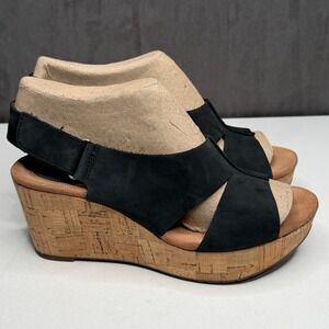Clarks Artisan Wedge Sandals Womens 7.5 Black Leather Cork Platform 26063998